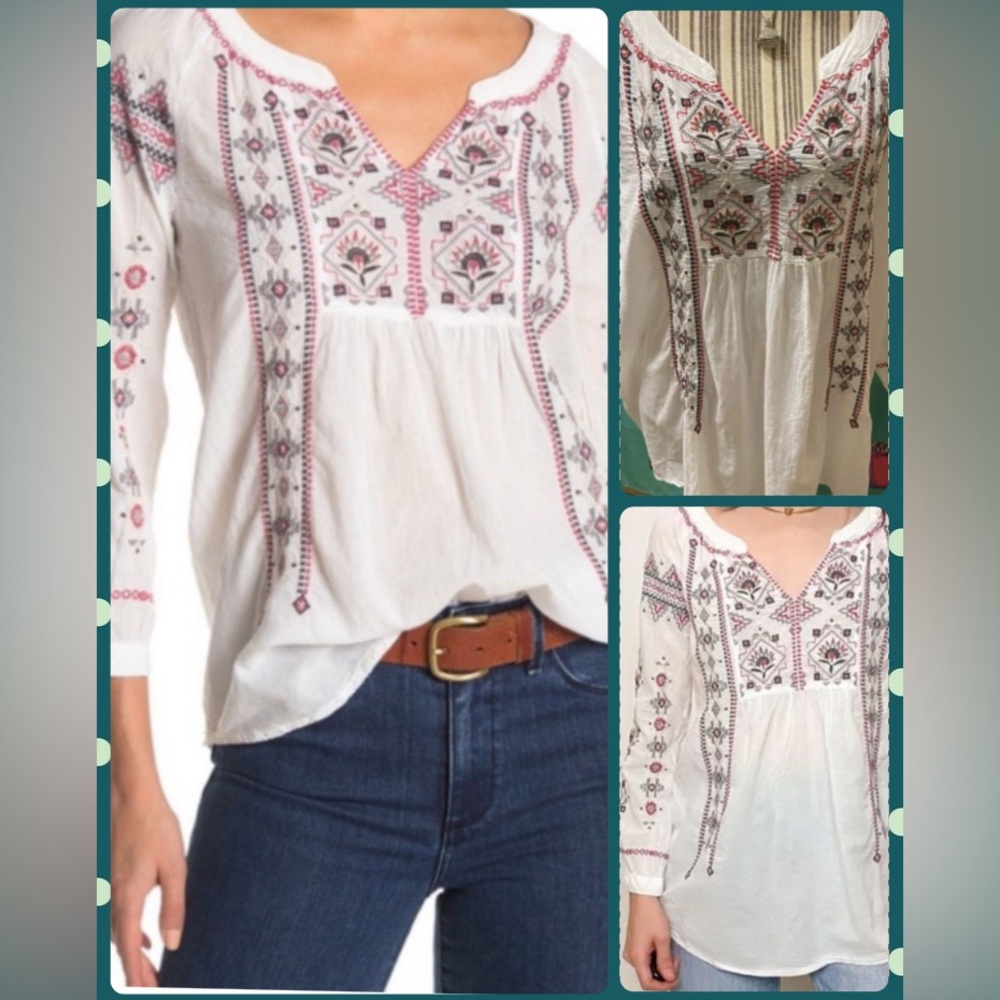 Johnny Was Tatum Peasant White Embroidered XL Boho Blouse
